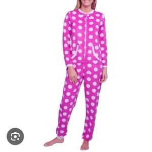 Women's Microfleece Non-Footed One Piece pajama Pink White polkadot Loungewear